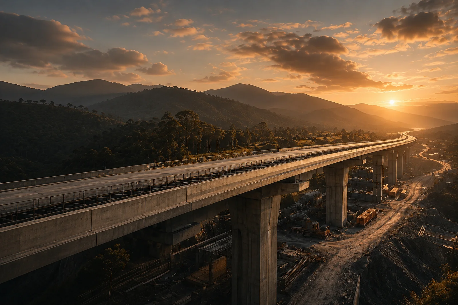 Infraestructura vial elevada en un entorno montañoso con atmósfera dramática.