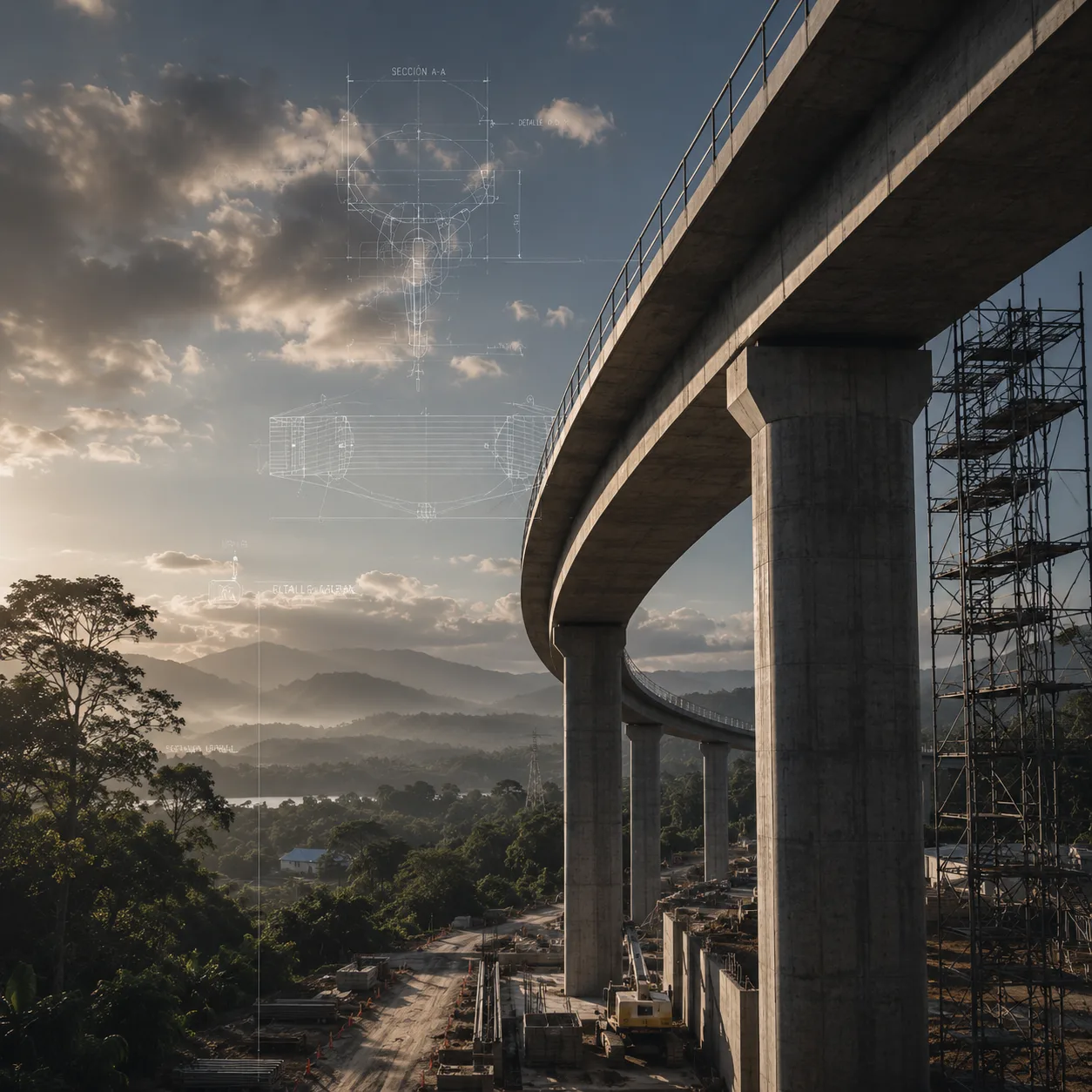 Puente en construcción en Centroamérica con trazos técnicos superpuestos al cielo.
